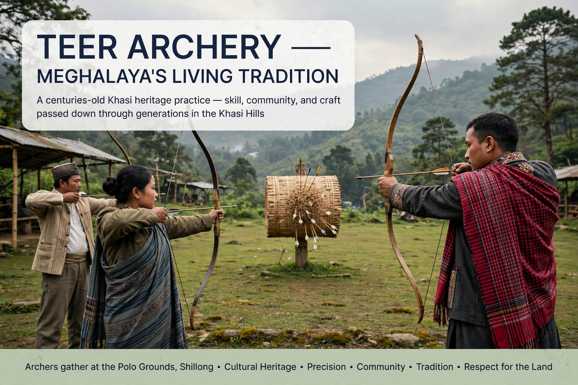 Archers shooting arrows in the Juwai teer game in Meghalaya