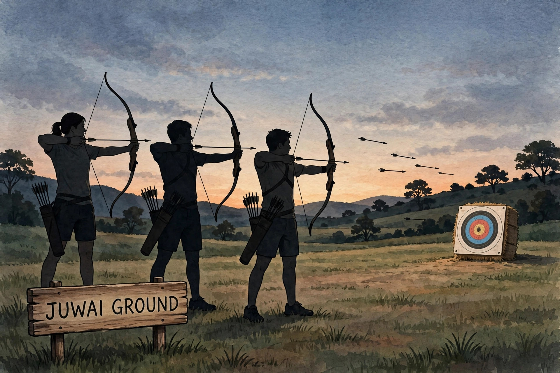 Archers at the Juwai teer ground during a late evening shooting session