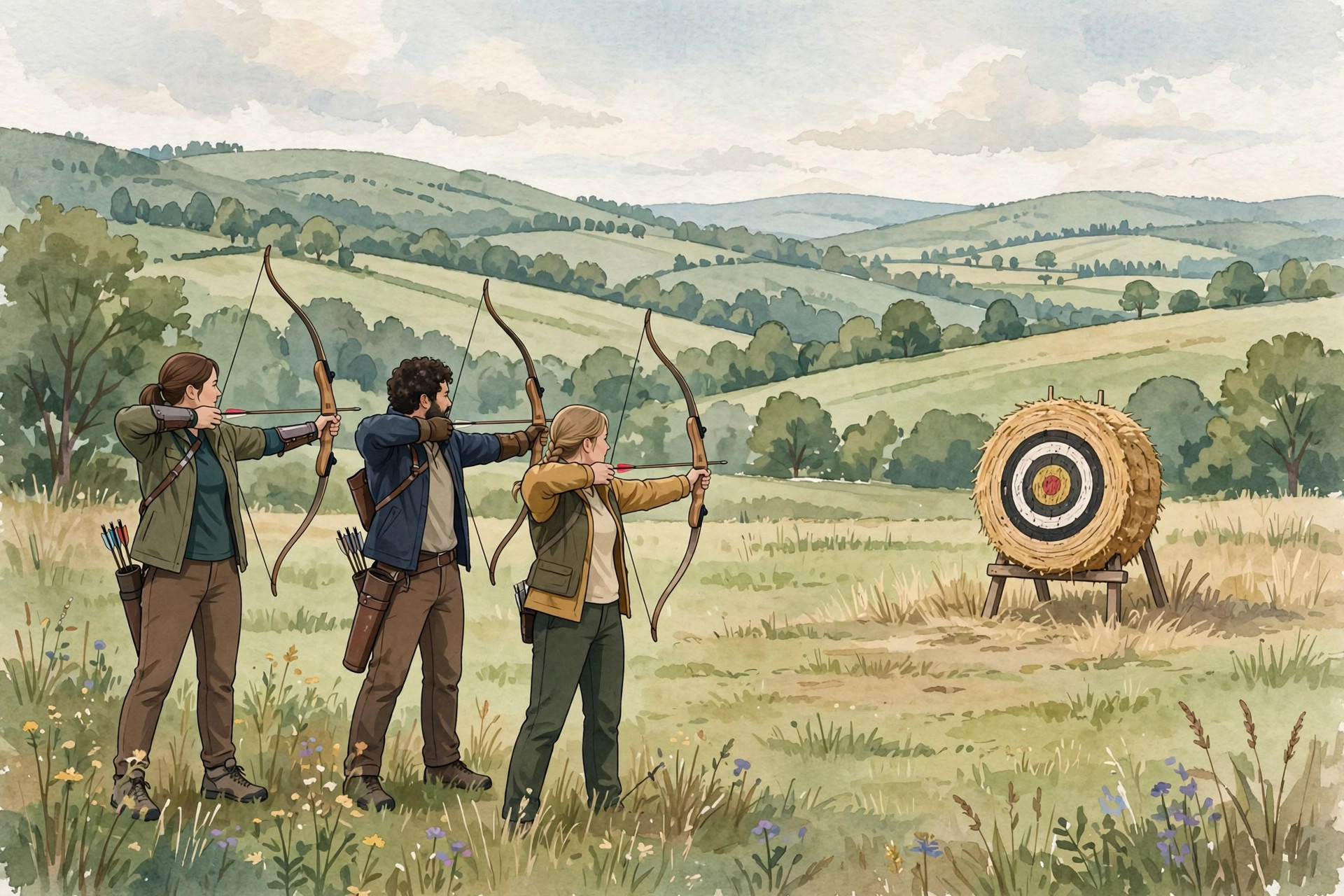 Archers shooting arrows at a target during a traditional teer session in the Khasi Hills