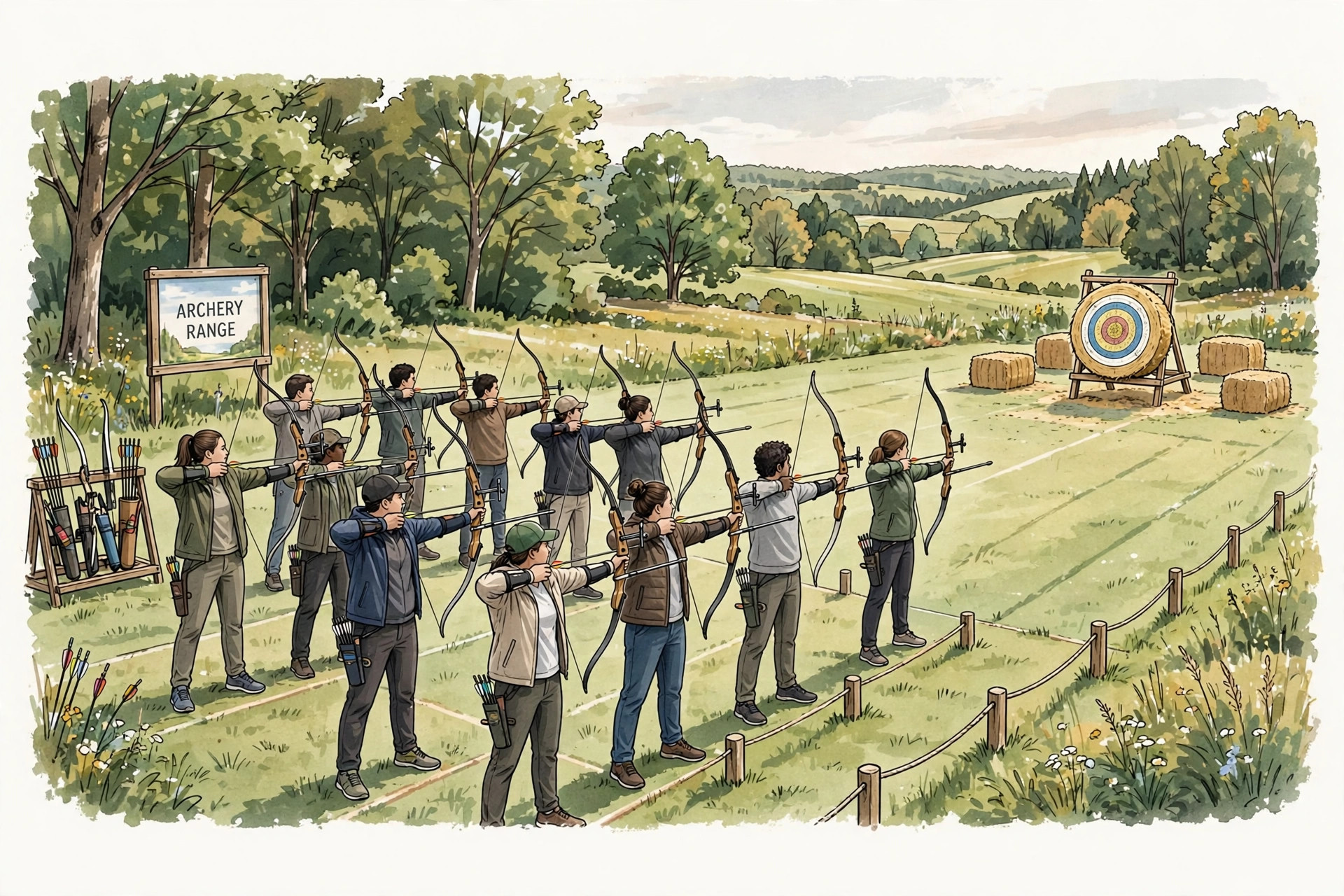Teer archers shooting arrows at a target during a delayed teer result session